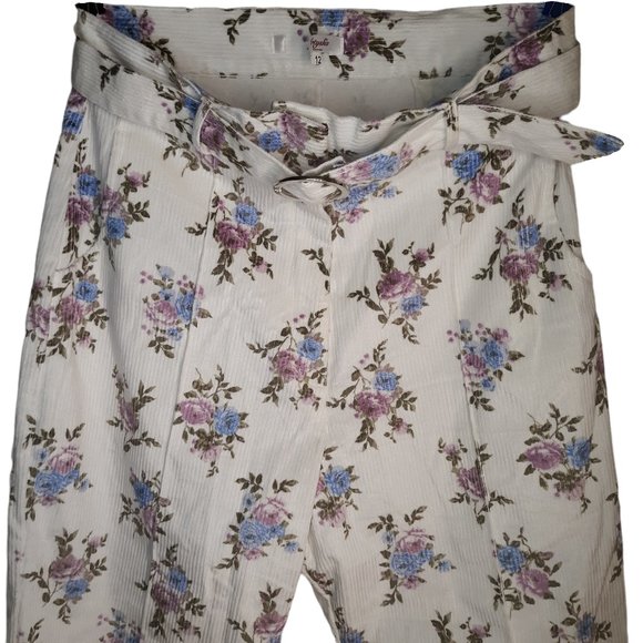 High rise corduroy w/floral print & belt - Picture 3 of 11